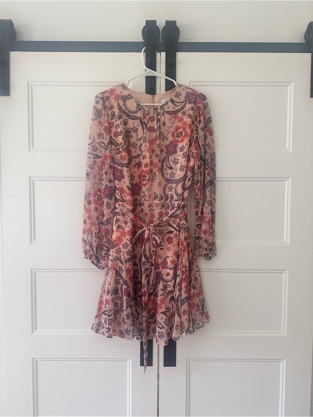 LOFT Pink Floral Paisley Long Sleeve Tie-Waist Mini Dress